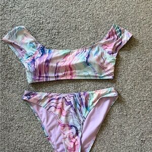 Marble-Print Off-Shoulder Bikini in Pastel Pink & Lavender